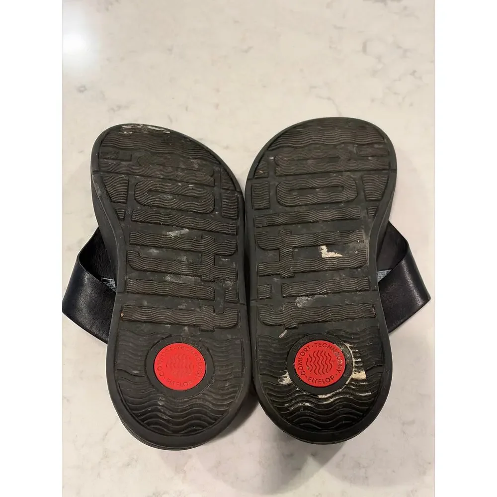 Fitflop Women’s F-Mode Leather Flatform Toe-Post Sandals Slip On Size 6.5 Black